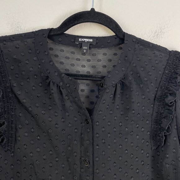 Express Womens Large Black Swiss Dot Sheer Blouse Long Sleeve Button Up Shirt - Picture 7 of 9